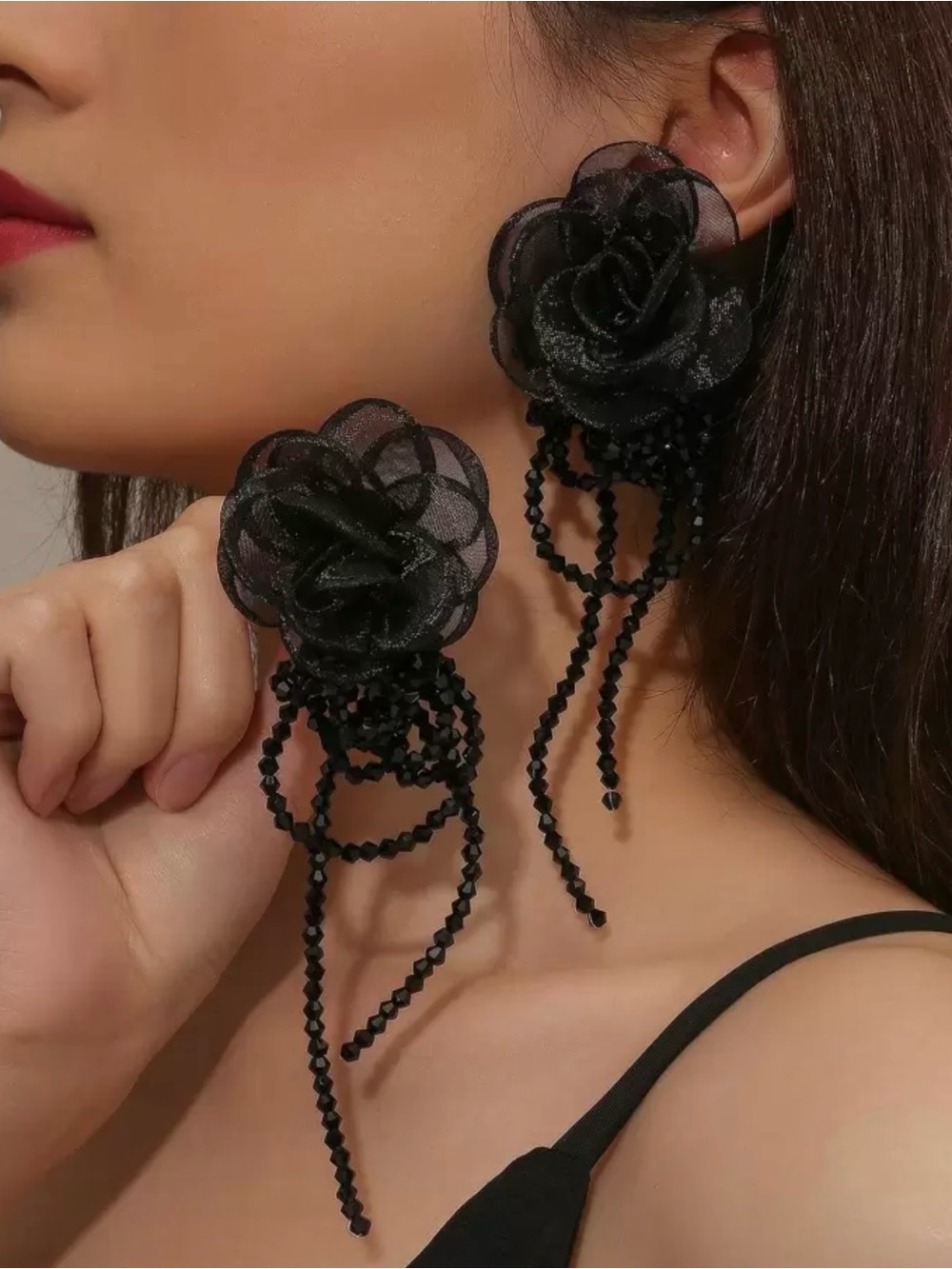 Black Floral Beaded Drop Earrings